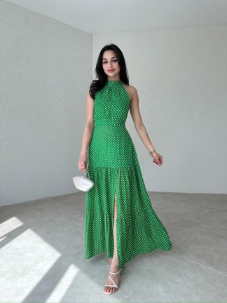Puantiyeli Maxi HARVEY Elbise 4299 - Yeşil 