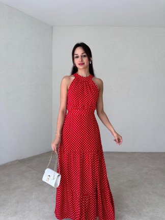Puantiyeli Maxi HARVEY Elbise 4299 - Kırmızı - 1