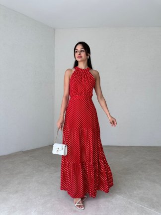 Puantiyeli Maxi HARVEY Elbise 4299 - Kırmızı - 2