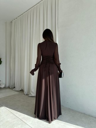 PUBLİC Maxi Elbise 9512 - Acı Kahve - 3