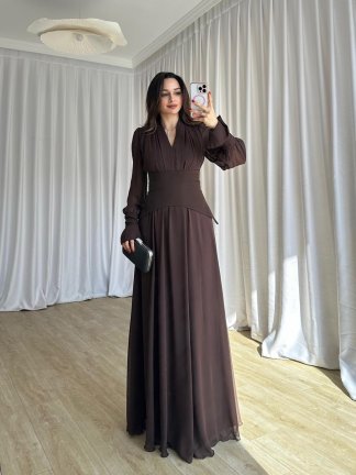 PUBLİC Maxi Elbise 9512 - Acı Kahve - 4