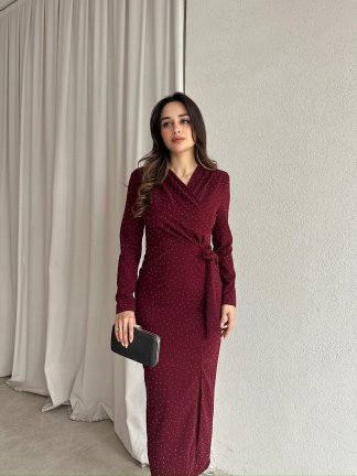 PULCA Taşlı Midi Elbise 8791 - Bordo - 1