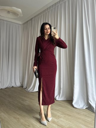 PULCA Taşlı Midi Elbise 8791 - Bordo - 2