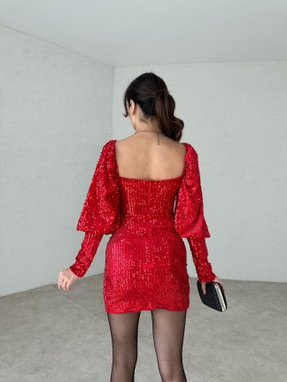 Pullu Mini KENDRİCK Elbise 2849 - Kırmızı - 3