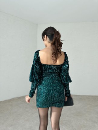 Pullu Mini KENDRİCK Elbise 2849 - Zümrüt Yeşili - 3