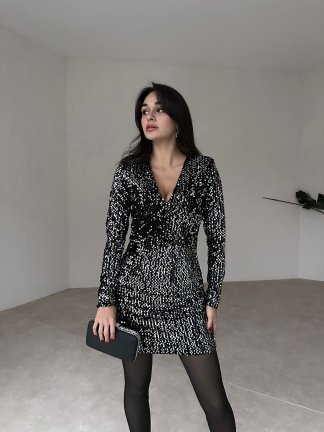 Pullu Mini ROBİNSON Elbise 2845 - Gri - 1