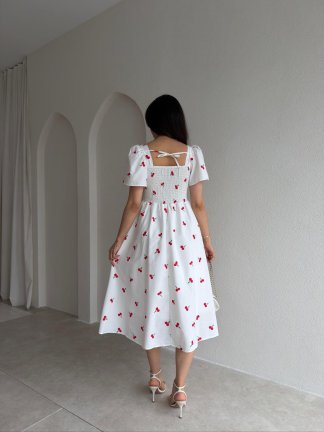 QUEEN Kirazlı Midi Elbise 5485 - Beyaz - 3