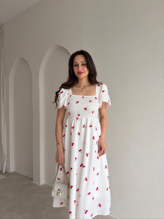QUEEN Kirazlı Midi Elbise 5485 - Beyaz - 2