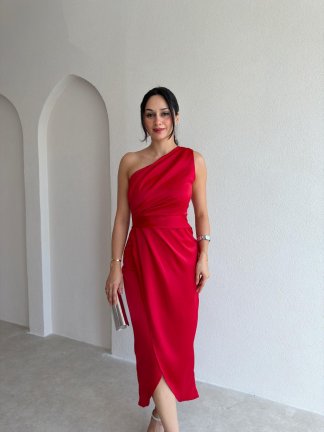 RAİNE Saten Midi Elbise 9239 - Kırmızı - 2