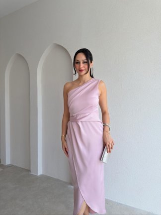 RAİNE Saten Midi Elbise 9239 - Pudra - 2