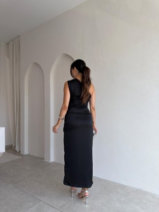 RAİNE Saten Midi Elbise 9239 - Siyah - 3