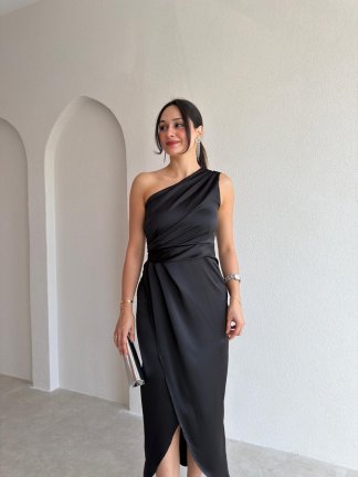 RAİNE Saten Midi Elbise 9239 - Siyah - 2