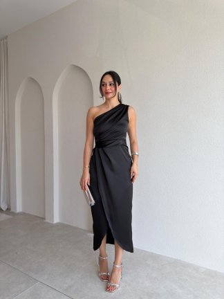 RAİNE Saten Midi Elbise 9239 - Siyah - 1
