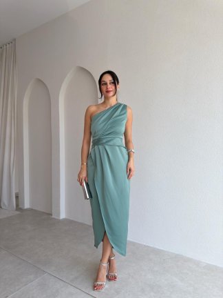 RAİNE Saten Midi Elbise 9239 - Yeşil 