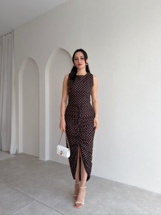  RAPENS Drapeli Puantiyeli Elbise 4981 - Acı Kahve 