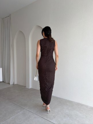  RAPENS Drapeli Puantiyeli Elbise 4981 - Acı Kahve - 3