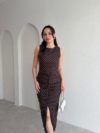  RAPENS Drapeli Puantiyeli Elbise 4981 - Acı Kahve - 2