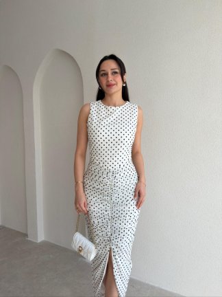 RAPENS Drapeli Puantiyeli Elbise 4981 - Beyaz - 2