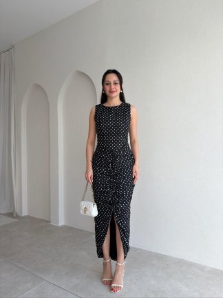 RAPENS Drapeli Puantiyeli Elbise 4981 - Siyah 