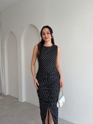 RAPENS Drapeli Puantiyeli Elbise 4981 - Siyah - 2