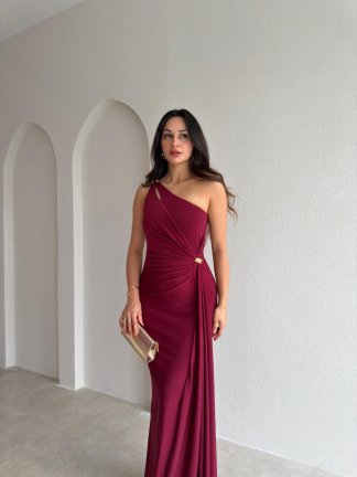 RAYA Tek Omuz Maxi Elbise 3741 - Bordo - 2