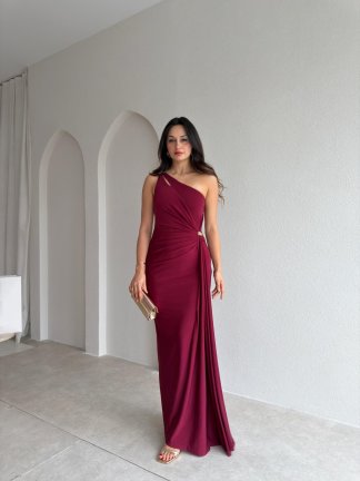 RAYA Tek Omuz Maxi Elbise 3741 - Bordo 