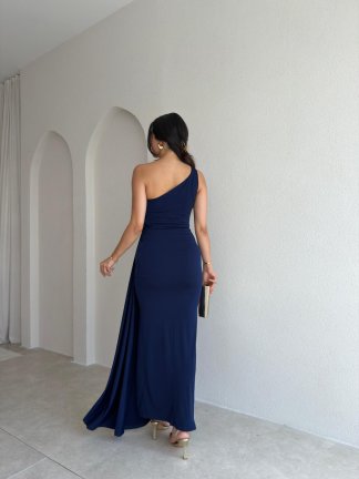RAYA Tek Omuz Maxi Elbise 3741 - Lacivert - 3