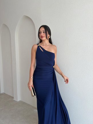 RAYA Tek Omuz Maxi Elbise 3741 - Lacivert - 2