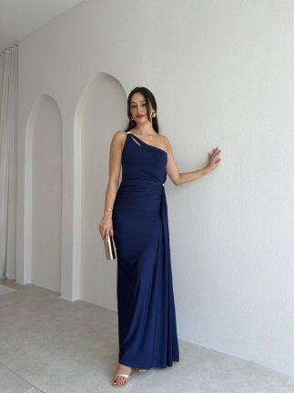 RAYA Tek Omuz Maxi Elbise 3741 - Lacivert 