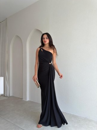 RAYA Tek Omuz Maxi Elbise 3741 - Siyah 
