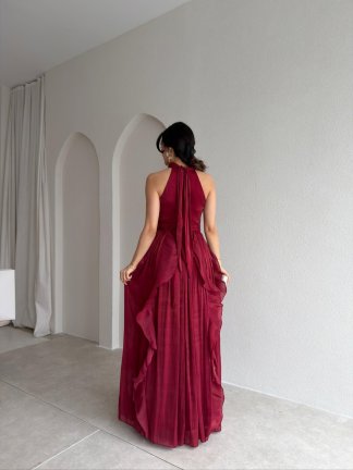 REBECA Halter Yaka Maxi Elbise 3772 - Bordo - 3