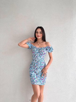 Renkli Çiçekli Mini TROTULA Elbise 7372 - Mavi - 1