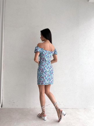 Renkli Çiçekli Mini TROTULA Elbise 7372 - Mavi - 2