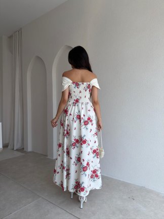 RİNA Çiçek Desenli Maxi Elbise 3399 - Beyaz - 4
