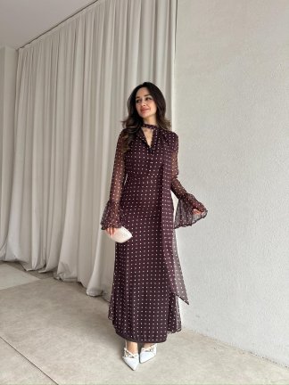 RİVELO Puantiyeli Elbise 8696 - Acı Kahve - 2