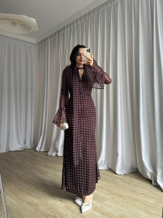 RİVELO Puantiyeli Elbise 8696 - Acı Kahve - 3