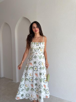 RİZOM Desenli Midi Elbise 3043 - Beyaz - 2