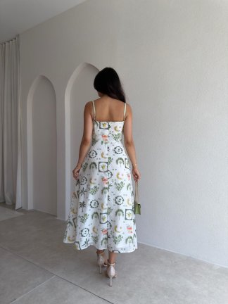 RİZOM Desenli Midi Elbise 3043 - Beyaz - 3