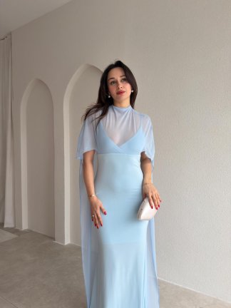 ROBBY Tül Parçalı Maxi Elbise 1819 - Bebe Mavi - 2