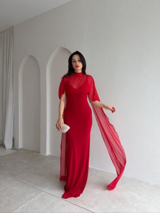 ROBBY Tül Parçalı Maxi Elbise 1819 - Kırmızı - 1