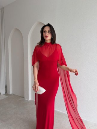 ROBBY Tül Parçalı Maxi Elbise 1819 - Kırmızı - 2