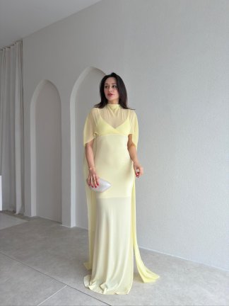 ROBBY Tül Parçalı Maxi Elbise 1819 - Sarı 