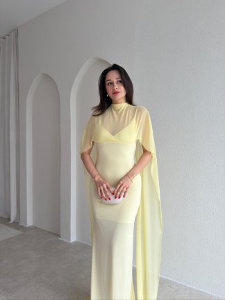 ROBBY Tül Parçalı Maxi Elbise 1819 - Sarı - 2