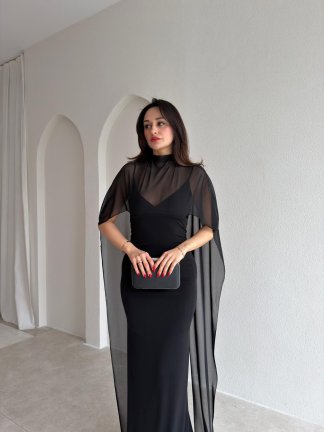 ROBBY Tül Parçalı Maxi Elbise 1819 - Siyah - 2