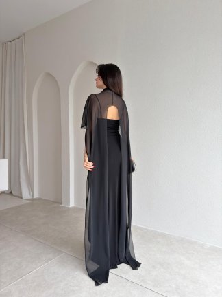 ROBBY Tül Parçalı Maxi Elbise 1819 - Siyah - 3