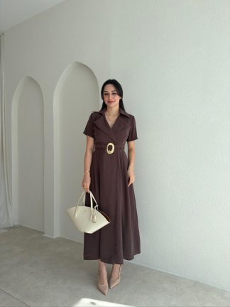 ROBERT Kemerli Midi Elbise 4782 - Acı Kahve - 2