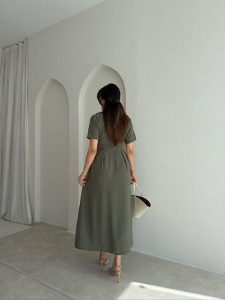 ROBERT Kemerli Midi Elbise 4782 - Haki - 3