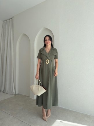ROBERT Kemerli Midi Elbise 4782 - Haki - 2