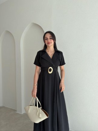 ROBERT Kemerli Midi Elbise 4782 - Siyah - 1