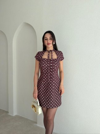 RONEY Puantiyeli Mini Elbise 9023 - Acı Kahve - 1